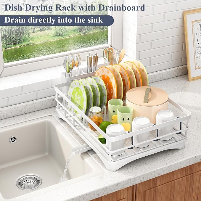 SAYZH Dish Drying Rack - Stainless Steel Dish Rack for Kitchen Counter, Large-Capacity Dish Drainer with Cutlery Holder, Kitchen Organizer for Dishes, Spoons and Forks, White - Image 2