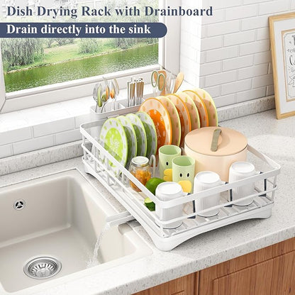 SAYZH Dish Drying Rack - Stainless Steel Dish Rack for Kitchen Counter, Large-Capacity Dish Drainer with Cutlery Holder, Kitchen Organizer for Dishes, Spoons and Forks, White - Image 2