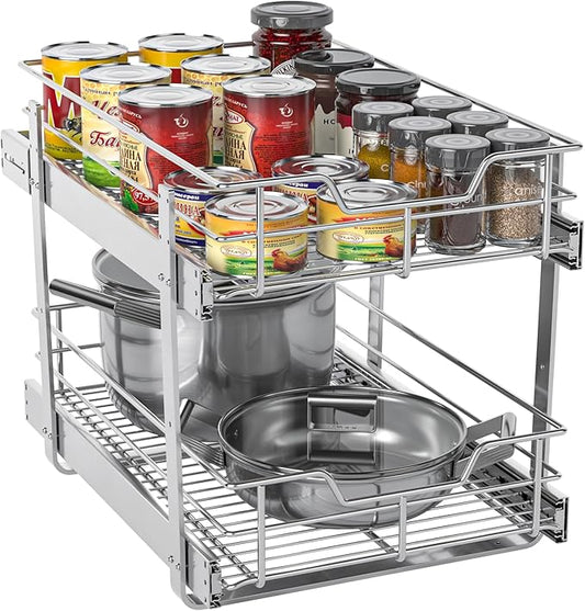 ZOINLIY Pull Out Cabinet Organizer, Versatile Slide Out Kitchen Organizers and Storage,Heavy Duty Drawer Cupboard Storage Basket, Smooth Sliding, Chrome Finish (2-Tiers-14¼''W×22“D)