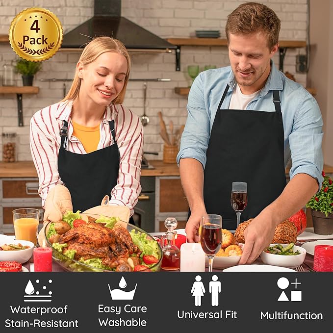4 Packs Chef Apron, Black Waterproof Apron, Adjustable Aprons with 2 Pockets for Men Women, Professional Aprons for Kitchen Cooking Gardening Painting Baking Restaurant (Black) - Image 6
