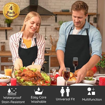 4 Packs Chef Apron, Black Waterproof Apron, Adjustable Aprons with 2 Pockets for Men Women, Professional Aprons for Kitchen Cooking Gardening Painting Baking Restaurant (Black) - Image 6