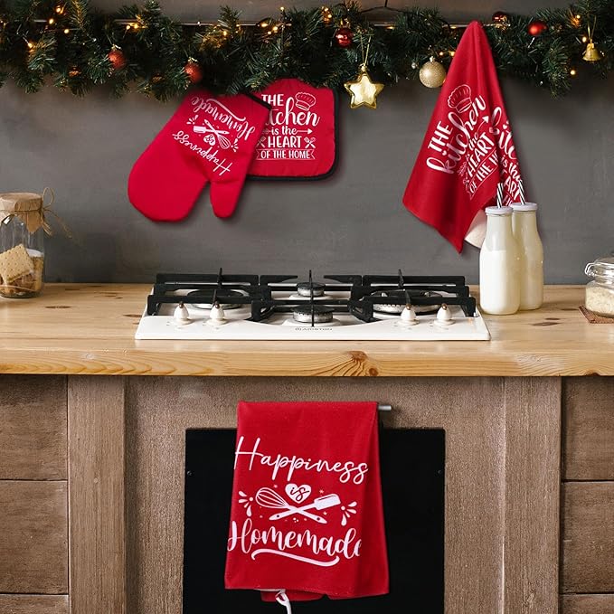 Sratte 6 Pcs Kitchen Decor Accessories Set Farmhouse Towels Pot Holders Oven Mitts Set 2 Dish Towels 2 Potholders 2 Cooking Mittens Oven Glove for Christmas Baking Cooking Supply(Red,Kitchen) - Image 7