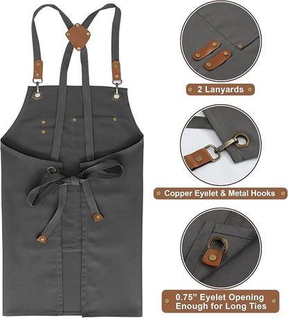 RUVANTI Work Aprons for Men, Oil & Water Repellent, PolyCotton Cross Back Aprons for Women with Pockets, Adjustable up to XXL, Chef Aprons for Cooking, Grilling, Welding, Woodworking - Grey Aprons
