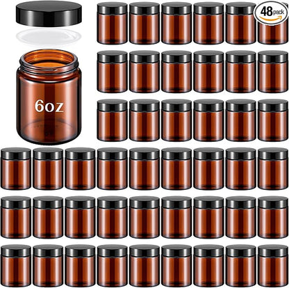 Domensi 48 Pcs Bulk 6oz Glass Jars with Lids Leakproof Round Airtight Empty Cosmetic Jars with Inner Liners Lid for Storing Lotions Spices Ointments Food Storage (Amber)