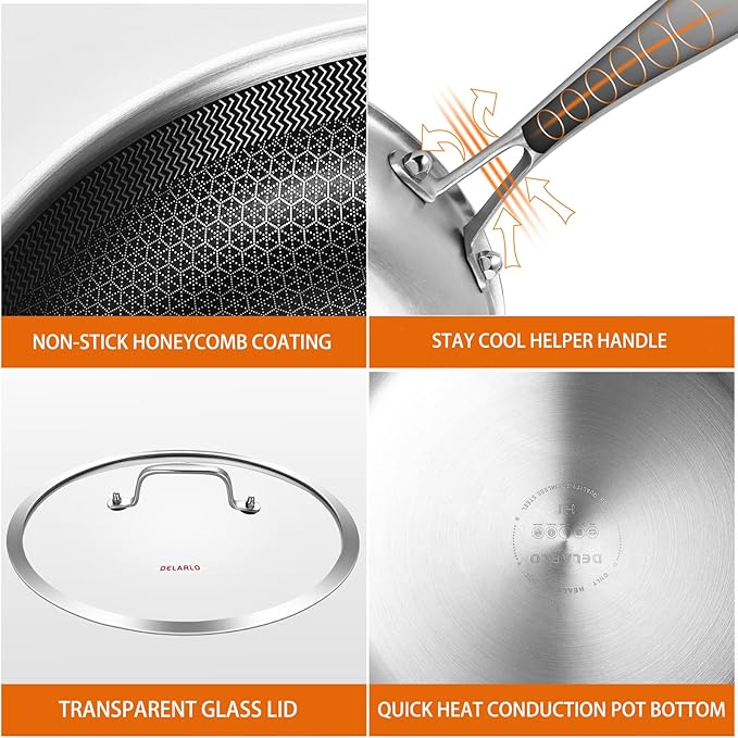 DELARLO Tri-Ply Stainless Steel Pan, 18/10 Frying Pan, Oven Safe Up to 600°F, Nontoxic Cookware, Compatible with All Cooktops Skillet, Durable, Fast Even Heat Fry Pan,12" Hybird Pan - Image 3