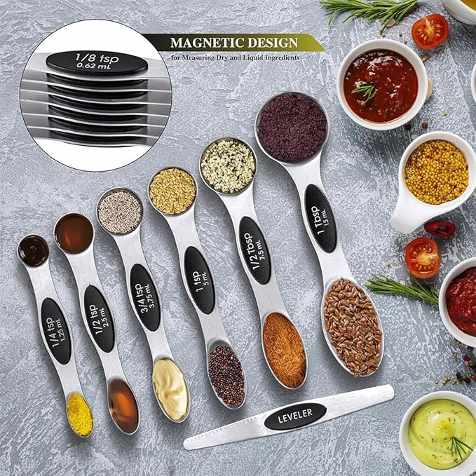 Measuring Cups & Spoons Set of 16, BOBIPRO Stainless Steel 8 Nesting Measure Cups Set & 7 double-sided Magnetic Measuring Spoons Set & 1 Leveler for Dry and Liquid Ingredient - Image 5
