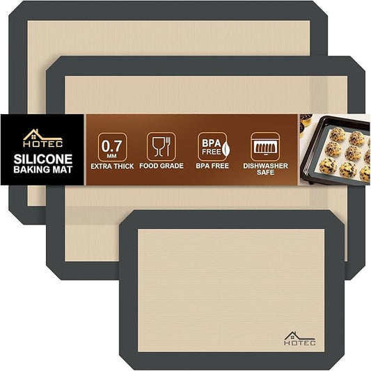 HOTEC Silicone Baking Mats 3 Pack – Thickened Non-Stick Reusable Silicone Baking Sheets for Oven – Cookie & Macaron Mats – 2 Half Sheet + 1 Quarter Sheet – BPA-Free, Dishwasher Safe by Hotec