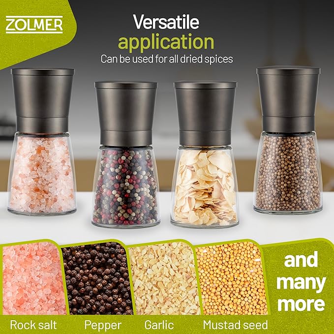 ZOLMER® Premium Stainless Steel Salt and Pepper Grinder Set manual | Adjustable Ceramic Grinder for Salt & Pepper- Black Pepper mill, Salt Grinder & Chili Mill [no spice included] (Small Black)