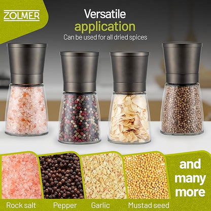 ZOLMER® Premium Stainless Steel Salt and Pepper Grinder Set manual | Adjustable Ceramic Grinder for Salt & Pepper- Black Pepper mill, Salt Grinder & Chili Mill [no spice included] (Small Black)