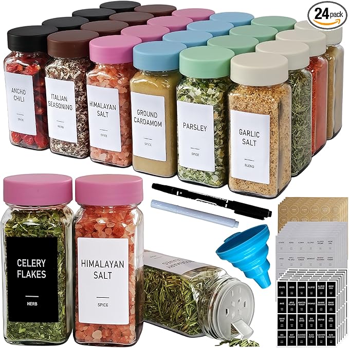 Pink Spice Jars with Labels - 24 Glass Spice with Shaker Lids & Airtight Plastic Caps - 4oz Complete Seasoning Containers Organizer Set for Cabinet, Drawer & Rack (Deeppink) by Unknown