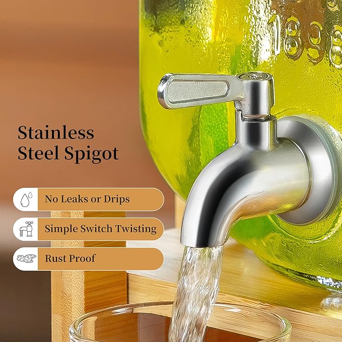 Drink Dispenser with Wood Stand and Lid,2 Gallon Glass Beverage Dispenser with Stainless Steel Spigot for Parties,Picnics,Barbecues,Lemonade,Sun tea Jar,ice coffee,Laundry Detergent Dispenser - Image 3