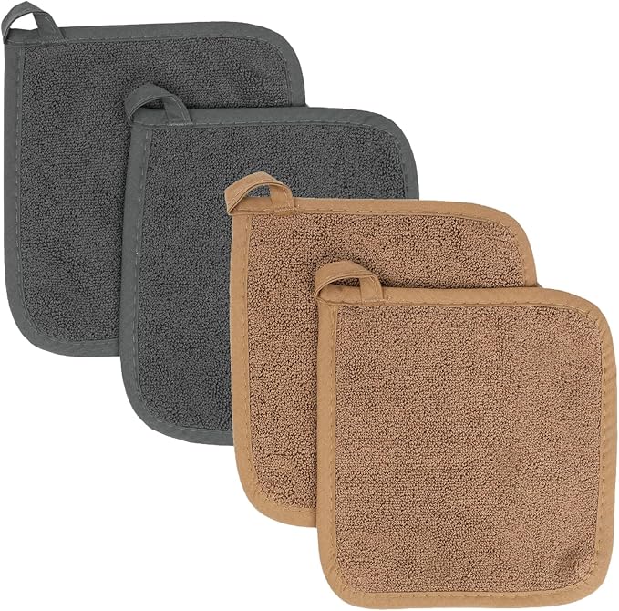 RITZ Terry Potholder & Hot Pad: Unparalleled Heat Resistant, Durable 100% Cotton – Ergonomically Designed for Optimal Grip – Easy-Care Machine Washable – 4-Pack, Mocha/Graphite by Ritz+Foodservice