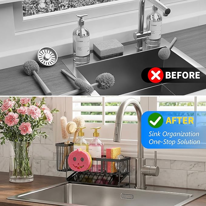 Sponge Holder for Kitchen Sink,Smiley Face Sink Caddy with Removable Brush Holder,Self-Draining Sponge Caddy for Sponge,Soap,Dish Brush,Scrubber,Kitchen Essentials and Gadgets - Image 5