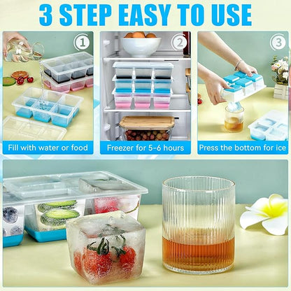 Ice Cube Trays 2 Pack, JRISBO Large Silicone Ice Cube Molds with Leak-Proof Lid, TPE Frame & Easy Release Bottom, Stackable Freezer Ice Trays for Whiskey, Cocktails, Soup, BPA Free (Green)