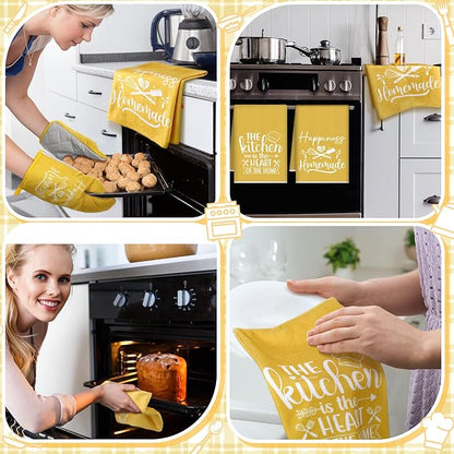 Sratte 6 Pcs Kitchen Decor Accessories Set Farmhouse Towels Pot Holders Oven Mitts Set 2 Dish Towels 2 Potholders 2 Cooking Mittens Oven Glove for Christmas Baking Cooking Supply(Yellow,Kitchen) - Image 5