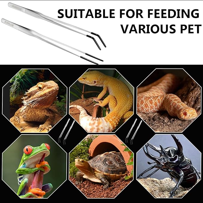 3 PACK Stainless Steel Reptile Feeding Tongs,10.62" Straight &Curved Long Feeding Tweezers&Bowl Set,Non Slip Feeding Tools with Rubber Tip,Bearded Dragon Tank Accessories (B-Silver)