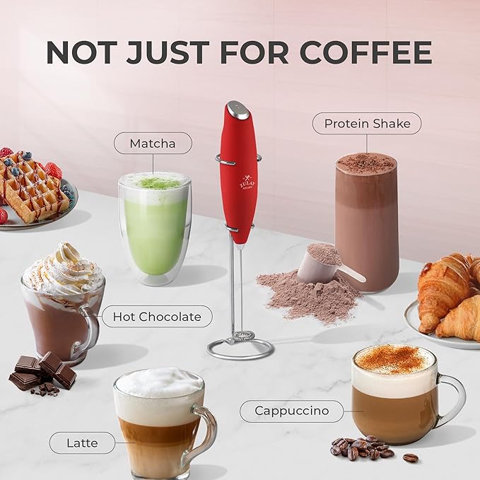 Zulay Kitchen Powerful Milk Frother Wand With 4 AA Duracell Batteries - Ultra Fast Handheld Drink Mixer - Electric Whisk Foam Maker for Coffee, Lattes, Cappuccino, Matcha & Creamer - Cardinal Red - Image 3
