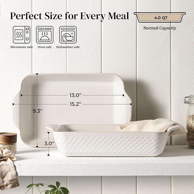 DOWAN 9x13 Deep Lasagna Baking Dish, Ceramic Casserole Dish for Oven, 4 Quarts Embossed Baking Pan with Handles, Oven Safe Bakeware for Roasting, Desserts, Durable & Giftable, Arctic White - Image 2