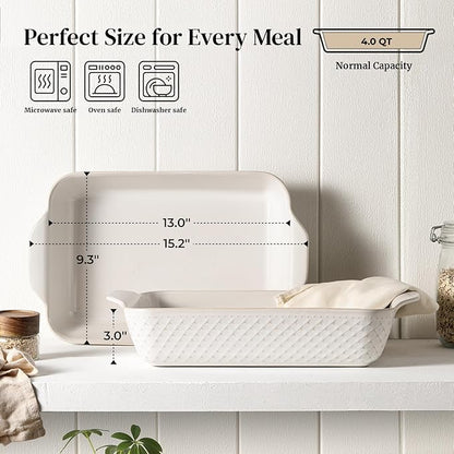 DOWAN 9x13 Deep Lasagna Baking Dish, Ceramic Casserole Dish for Oven, 4 Quarts Embossed Baking Pan with Handles, Oven Safe Bakeware for Roasting, Desserts, Durable & Giftable, Arctic White - Image 2
