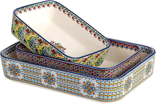 Casserole Dishes for Oven, Ceramic Baking Dishes Set of 3, Rectangular Lasagna Pans, Ceramic Bakeware Set for Baking, Roasting and Serving - Boho Style by HENXFENLEAD