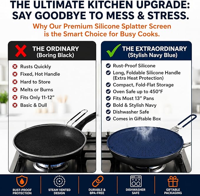 Silicone Splatter Screen for Frying Pan, 13” Navy – Grease & Oil Splatter Guard, Heat Resistant, Dishwasher Safe, Foldable Handle with Sleeves – Splash Guard Fits 10–12” Pans, Most 13” Skillets - Image 5