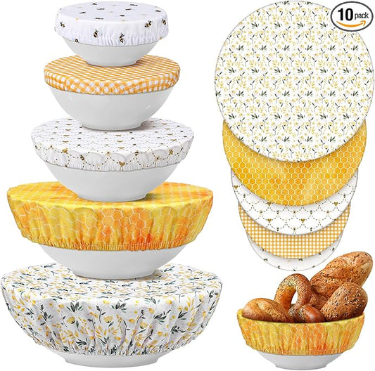 Patelai 10 Pcs Bowl Covers Reusable in 5 Size Stretch Cloth Fabric Elastic Food Storage Bowl Covers Bread Sourdough Lids for Proofing Food Fruits Leftover (Yellow, White,Bee Style) by Patelai