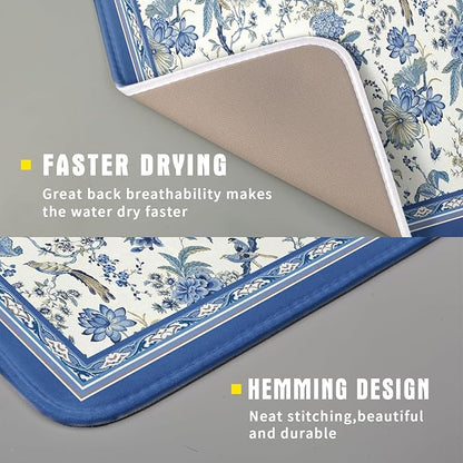 Giwawa Chinoiserie Dish Drying Mat 16x18in Blue White Oriental Floral Birds Kitchen Drainer Mats Porcelain Flowers Reversible Microfiber Dish Drying Pad Small for Countertop Home Decor