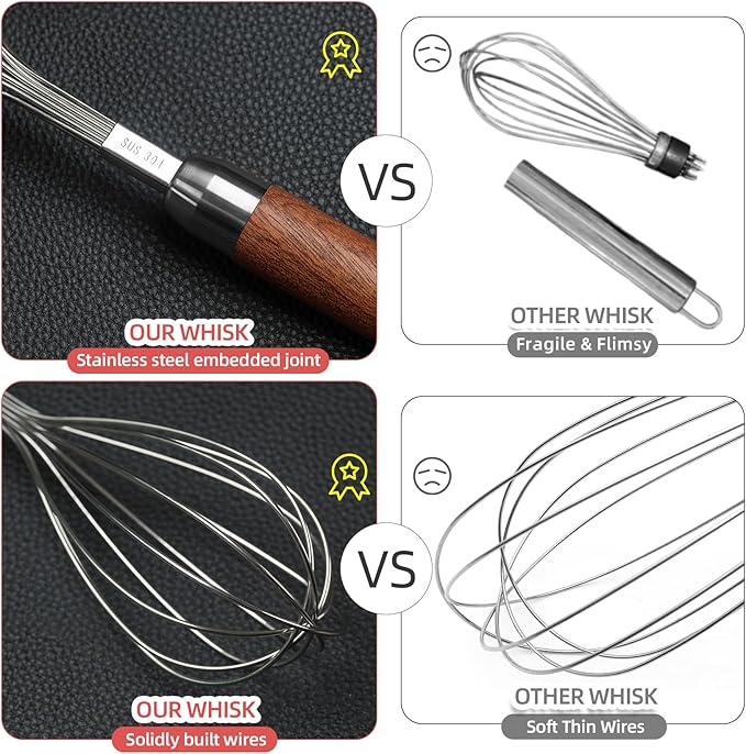 Whisk for Cooking,Stainless Steel Wire Wooden Handle Kitchen Multi Function Non Stick Balloon Whisk Egg Beater for Blending Whisking Beating Frothing Stirring Batters (11"L x 2.1"W) - Image 3