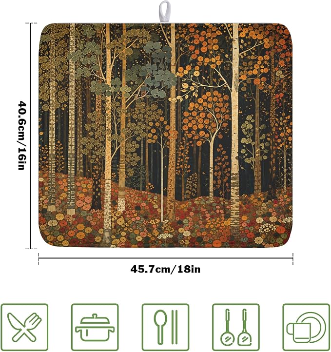 Fall Dish Drying Mat for Kitchen Counter Autumn Forest Vintage Botanical Nature Microfiber Dish Drainer Mat Antique Rustic Farmhouse Absorbent Washable Drying Pad 16"x18"