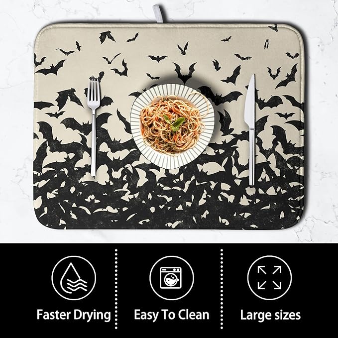 Halloween Bats Halloween Dish Drying Mat for Kitchen Counter 16x18 Inch Microfiber Absorbent Drying Mats Washable Dishes Drainer Mats Reusable Dish Rack Pad for Coffee Bar - Image 4