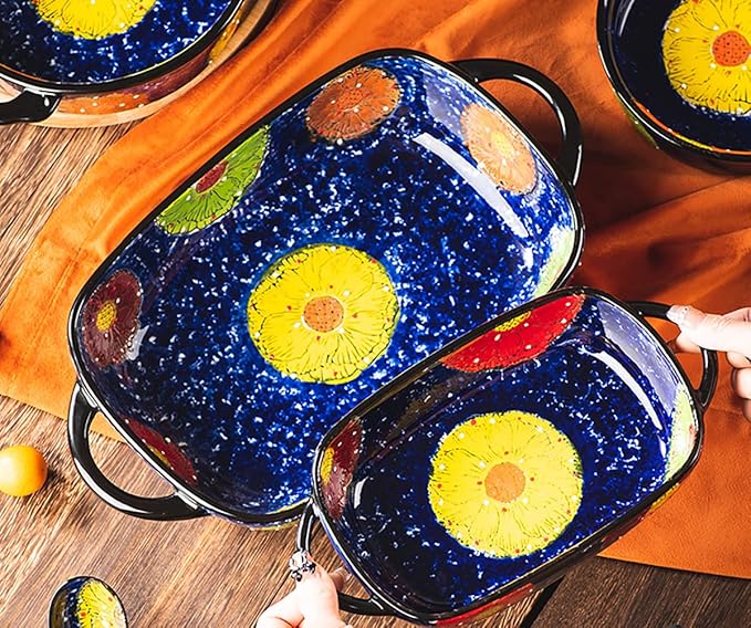 Vintage Style Pottery Bakeware Colorful Daisy Pattern Ceramic Casserole Dish Baking Pan Lasagna Pans Baking Dish with Handles from Oven to Table Plate-1 PCS, 22 OZ - Image 6