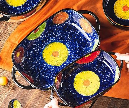 Vintage Style Pottery Bakeware Colorful Daisy Pattern Ceramic Casserole Dish Baking Pan Lasagna Pans Baking Dish with Handles from Oven to Table Plate-1 PCS, 22 OZ - Image 6