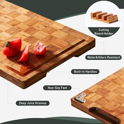 3 Pack Heavy Duty Bamboo Cutting Board Set Non Toxic Wooden Cutting Board for Kitchen Non Slip Solid End Grain Thick Wood Juice Groove Chopping Board Extra Large Butcher Block Best House Warming Gift - Image 5