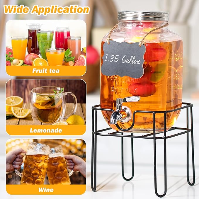 Drink Dispenser 1.35 Gallon Glass Beverage Dispenser with Stand & Stainless Steel Spigot, Drink Dispensers for Parties with Fruit Infuser for Lemonade, Iced Tea, Juice, Laundry Detergent - Image 5