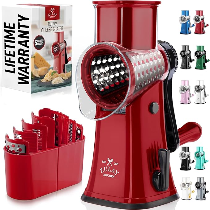 Zulay Kitchen Rotary Cheese Grater 5 Blade Cheese Shredder - Manual Hand Crank Cheese Grater With Reinforced Suction & 5 Interchangeable Drums - Easy to Use, Vegetable Chopper Round Mandoline Slicer by ZulayKitchen