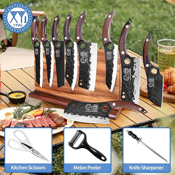 XYJ Authentic Since 1986,Knife Block Set,High Carbon Steel Forged Blades,Kitchen Knives Set with Wooden Magnetic Knife Block,Sharpening Steel,Cutting Board,Cleaver Slicing Knife,Wood Handle