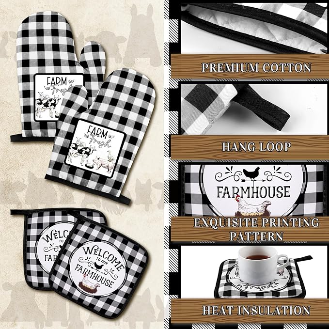Bencailor 6 Pcs Farm Kitchen Towels Oven Mitts and Pot Holders Decorative Dish Towels Tea Non Slip Heat Resistant Oven Gloves for Summer Home Cooking Dish Baking BBQ, Black, White - Image 4
