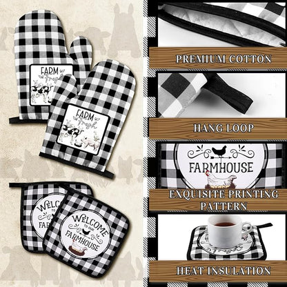 Bencailor 6 Pcs Farm Kitchen Towels Oven Mitts and Pot Holders Decorative Dish Towels Tea Non Slip Heat Resistant Oven Gloves for Summer Home Cooking Dish Baking BBQ, Black, White - Image 4