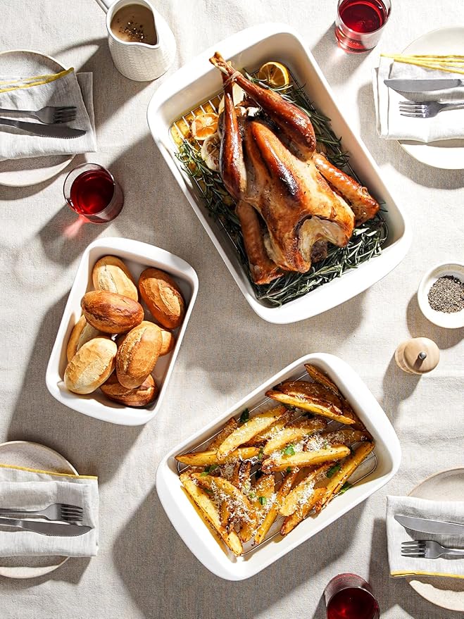 LE TAUCI Deep Casserole Dishes for Oven, 13.7”x9.6” Ceramic Baking Dish Set with Roasting Racks, Large Lasagna Pans with Handles, Rectangular Bakeware as Gift for Mom, White (4.6QT/3.0QT/1.6QT), Set of 3 - Image 4