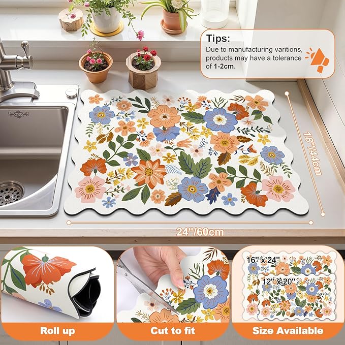 LOKHOM Scalloped Floral Dish Drying Mat, 18"x24" Super Absorbent Coffee Mat with Unique Spring Wildflowers, Cuttable Hide Stain Non-slip Drying Mat for Kitchen Counter Coffee Maker Espresso Machine - Image 2