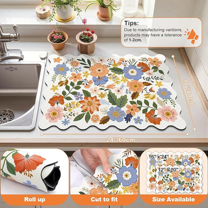 LOKHOM Scalloped Floral Dish Drying Mat, 18"x24" Super Absorbent Coffee Mat with Unique Spring Wildflowers, Cuttable Hide Stain Non-slip Drying Mat for Kitchen Counter Coffee Maker Espresso Machine - Image 2