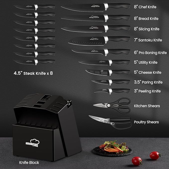 Knife Set, Amorston 21 Pieces Kitchen Knife Set with Block and Sharpener, Ultra-Sharp Knives Set with Ergonomic Handles, Black German Stainless Steel Knife Block Set, Dishwasher Safe - Image 2