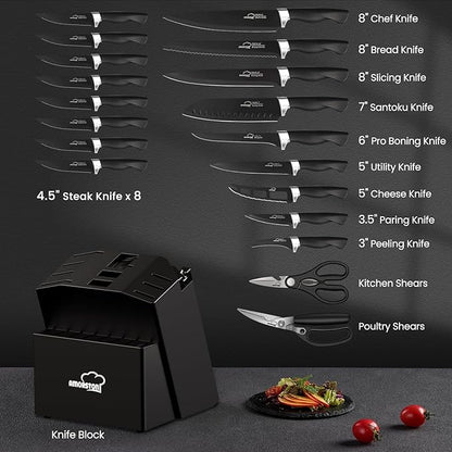 Knife Set, Amorston 21 Pieces Kitchen Knife Set with Block and Sharpener, Ultra-Sharp Knives Set with Ergonomic Handles, Black German Stainless Steel Knife Block Set, Dishwasher Safe - Image 2