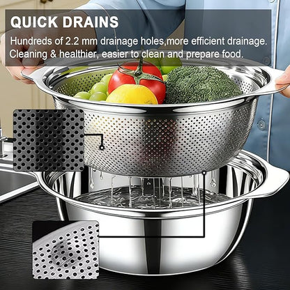 Colander for Kitchen, 1.5 QT 18/8 Stainless Steel Colander, Stainless Steel Strainer with Mixing Bowl, Rice Strainer with Handle for Washing Vegetables, Fruit, Rice, and Pasta (2 PC)