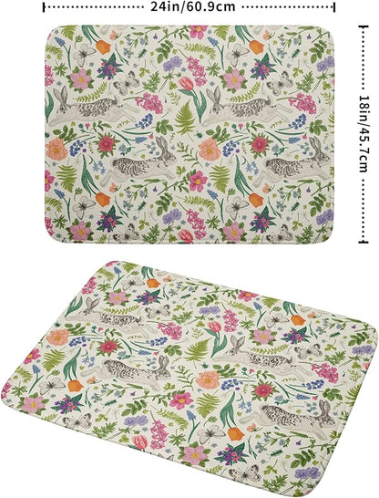Spring Easter Dish Drying Mat for Kitchen Counter 18x24 Rabbit Bunny Green Pink Floral Vintage Print Absorbent Reversible Microfiber Drying Mats Kitchen Countertop Protector Dishes Drainer Rack Pad - Image 2