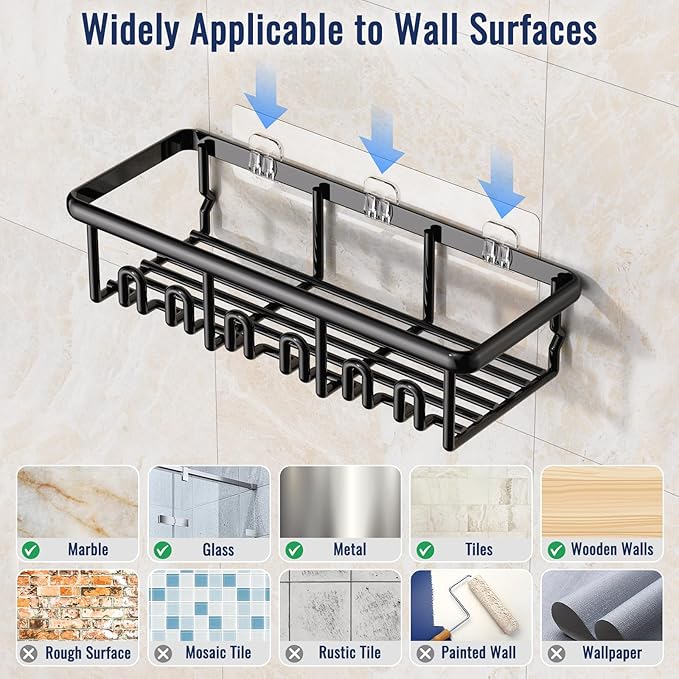 8 Pack Adhesive Rustproof Shower Shelves with Soap Dishes, Toothbrush Holder & Hooks, Large Capacity No-Drilling Shower Shelves Rack for Bathroom Organizers and Storage Accessories, Black