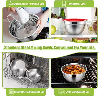 P&P CHEF Mixing Bowls with Airtight Lids Set of 5, 10-Piece Stainless Steel Mixing Nesting Bowl, Metal Bowl with Lid for Kitchen Prepping & Storing, Size 4.6, 3, 1.5, 1, 0.7 QT, Red