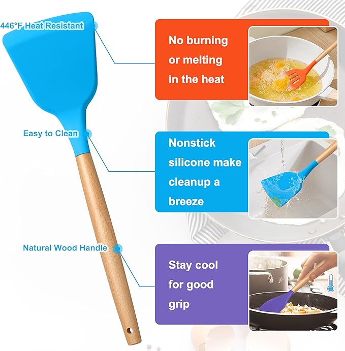 E-far Silicone Cooking Utensils Set, 10-Piece Kitchen Utensils Set with Wooden Handle for Nonstick Cookware, Heat Resistant Kitchen Nonstick Tools Spatula Whisk Ladle, Non-toxic & Healthy - Colorful - Image 3