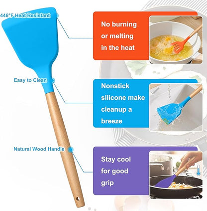 E-far Silicone Cooking Utensils Set, 10-Piece Kitchen Utensils Set with Wooden Handle for Nonstick Cookware, Heat Resistant Kitchen Nonstick Tools Spatula Whisk Ladle, Non-toxic & Healthy - Colorful - Image 3
