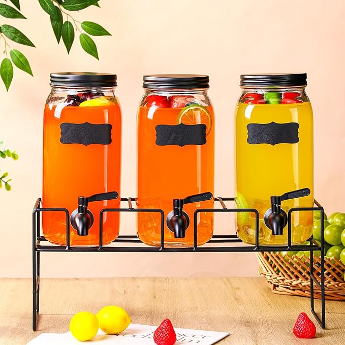3 Pack 80 oz Glass Beverage Dispenser with Stand Clear Mason Jar Water Dispenser for Party, Fridge Includes Leakproof Stainless Steel Spigot, Black Lid and Label(Black)